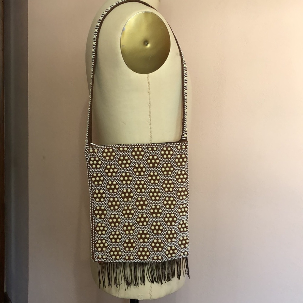 Vintage Brown Cream and White Beaded Fringe Shoulder Bag, Vintage Beaded Bag